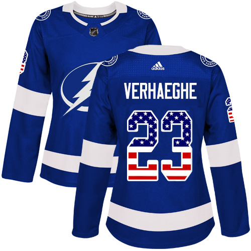 Adidas Tampa Bay Lightning 23 Carter Verhaeghe Blue Home Authentic USA Flag Women Stitched NHL Jersey